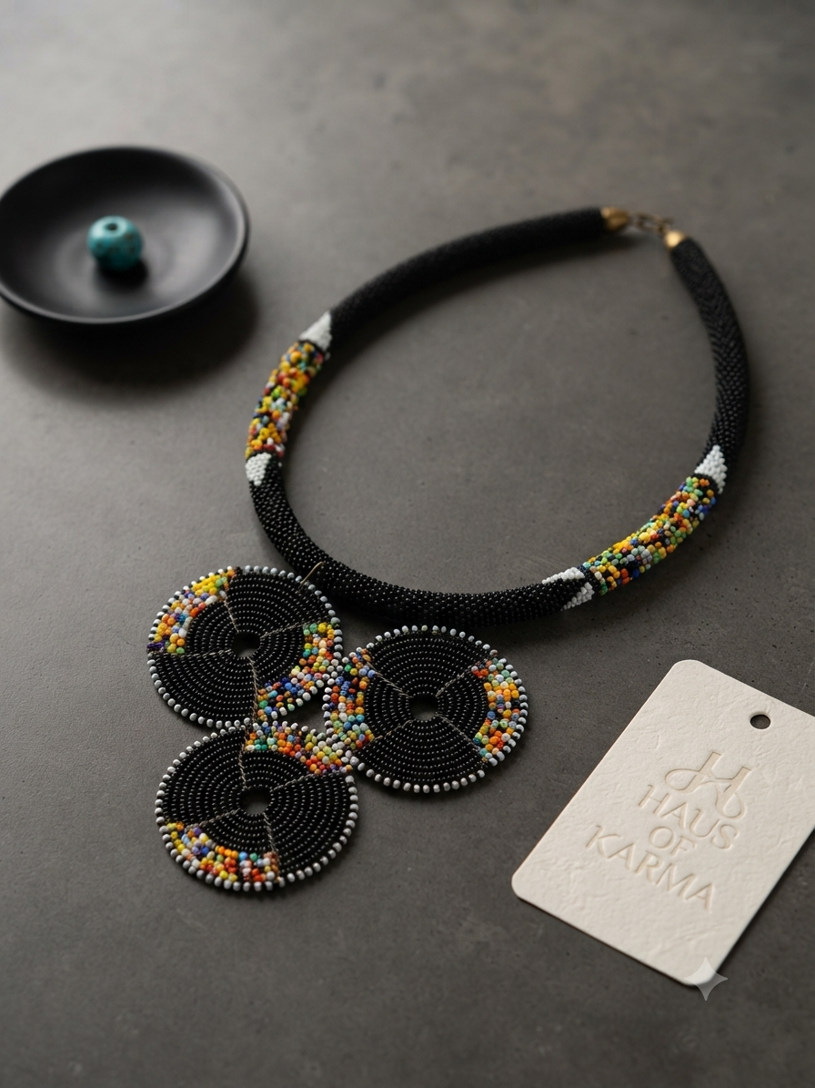 Handcrafted African Beaded Statement Necklace – Black Collar with Triple Disc Pendant
