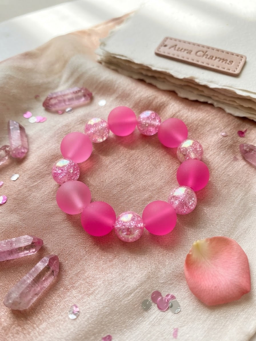 Kids' Hot Pink Matte & Shimmer Crackle Stretch Bracelet – Haus Of Karma