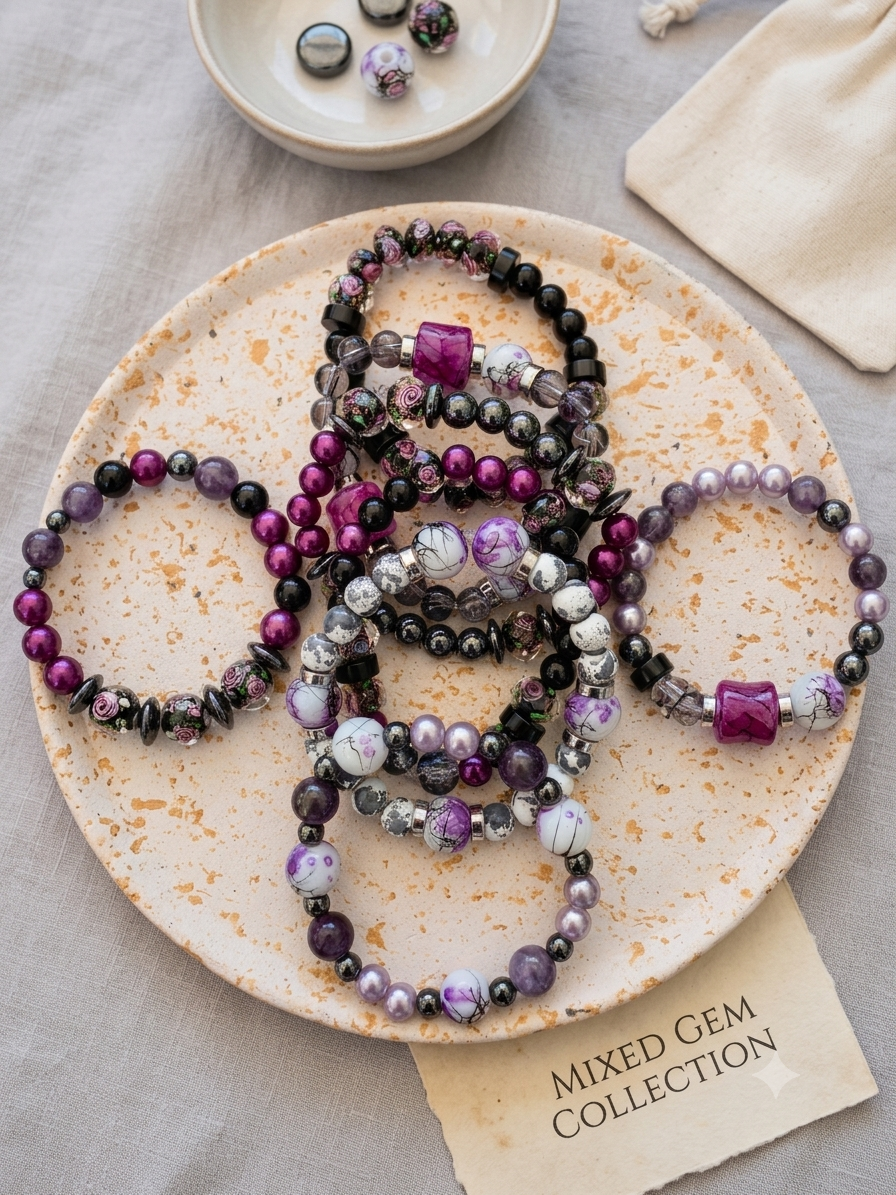 Midnight Rose & Purple Glass Beaded Bracelet Stack