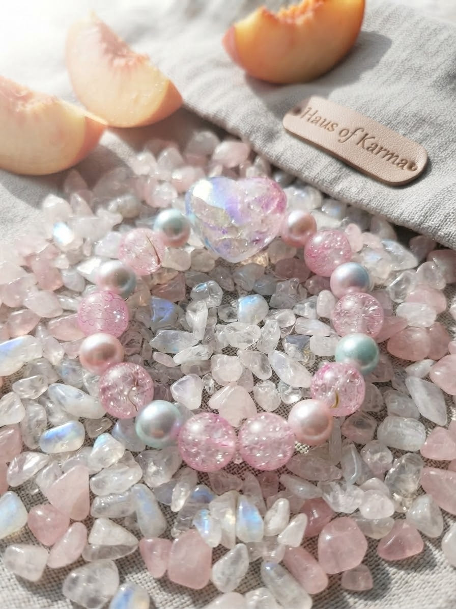 Kids' Pink Crackle & Pastel Heart Crystal Stretch Bracelet – Haus Of Karma