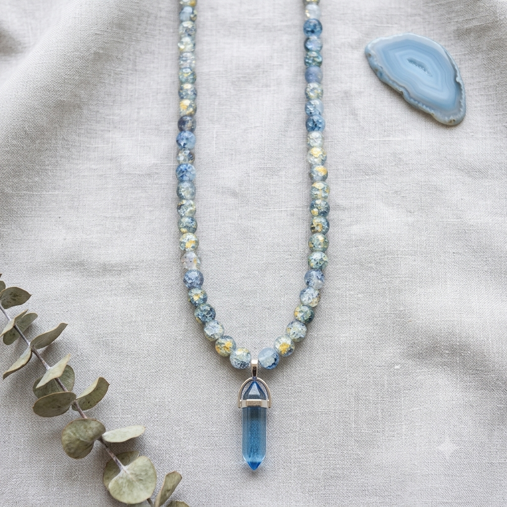 Ocean Wave Cracked Glass Bead Necklace – Hexagonal Blue Crystal Point Pendant