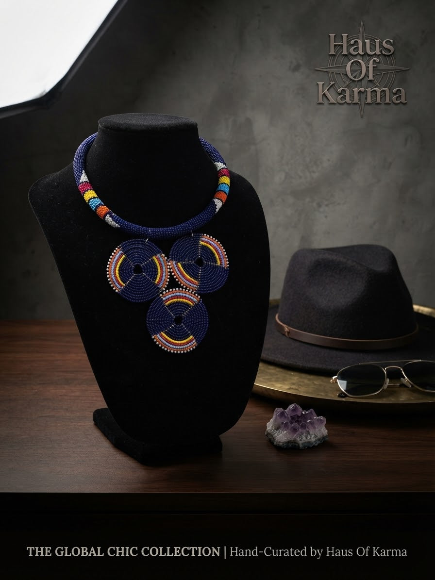 Handmade Beaded Statement Necklace | Blue Tribal Bib Collar Jewelry