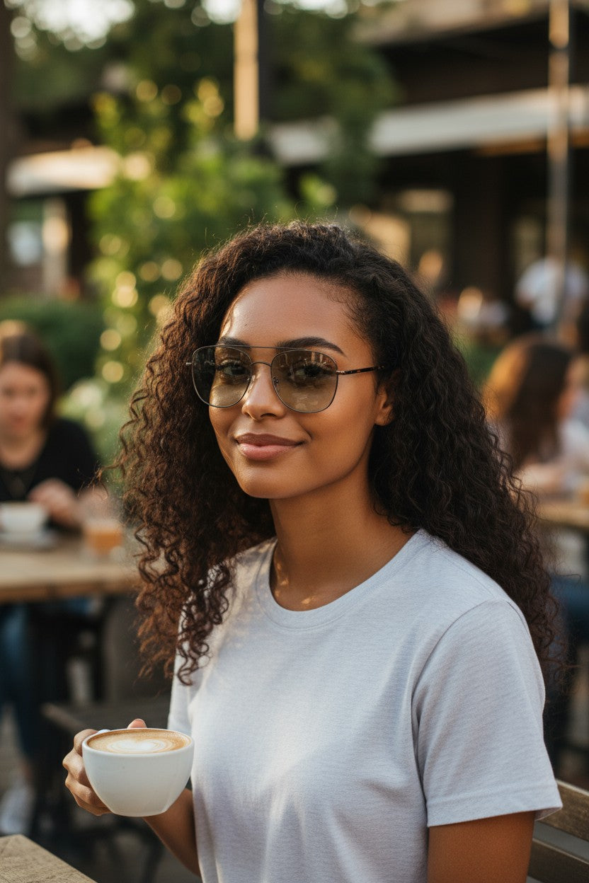 Round Black Rimmned Framed Sunglasses W/ Green Lens
