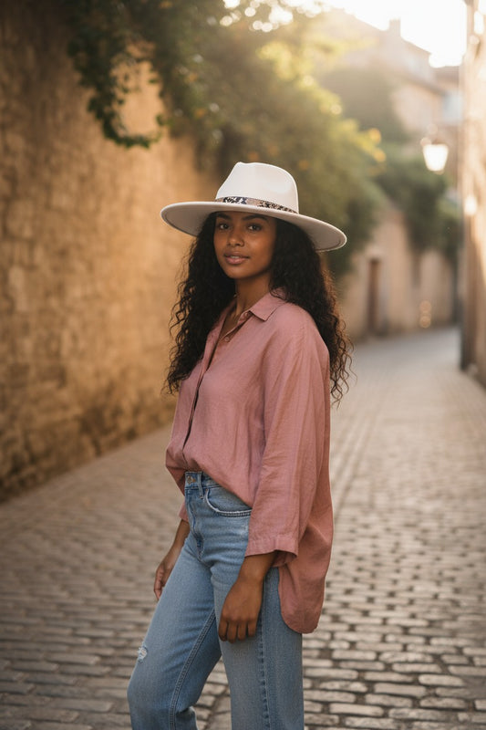 Cream Animal Print Belt Fedora Hat